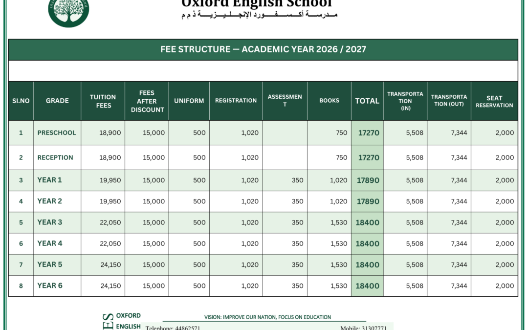 Oxford English School Promotion Fees 2026–2027 | British Curriculum School in Qatar